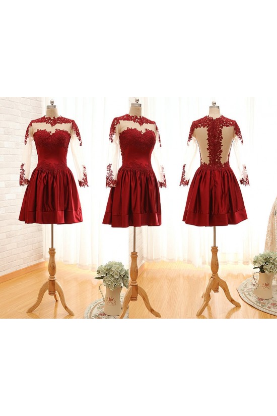 A-Line Jewel Long Sleeve Red Applique and Satin Prom Evening Formal Dresses ED011563