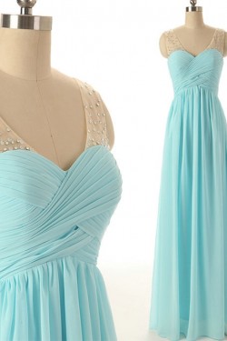 A-Line Beaded Long Blue Chiffon Prom Evening Formal Dresses ED011567