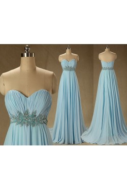 A-Line Sweetheart Beaded Long Blue Chiffon Prom Evening Formal Dresses ED011572