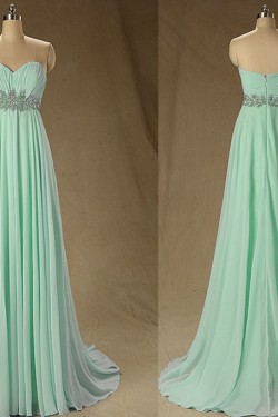 A-Line Sweetheart Beaded Long Mint Green Chiffon Prom Evening Formal Dresses ED011573