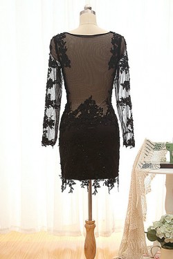 Short V-Neck Long Sleeve Black Applique Prom Evening Formal Dresses ED011575