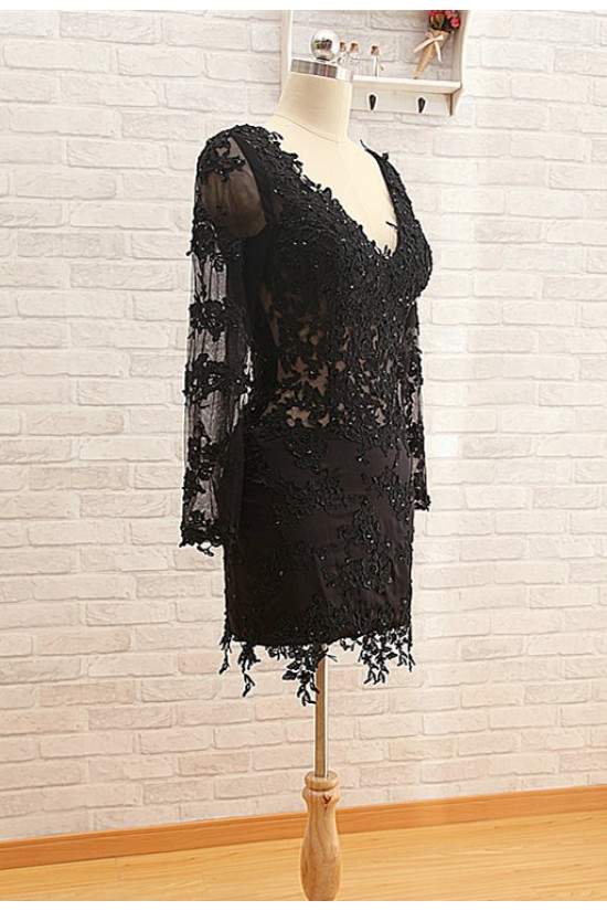 Short V-Neck Long Sleeve Black Applique Prom Evening Formal Dresses ED011575