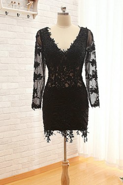Short V-Neck Long Sleeve Black Applique Prom Evening Formal Dresses ED011575