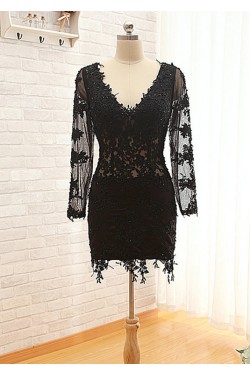 Short V-Neck Long Sleeve Black Applique Prom Evening Formal Dresses ED011575