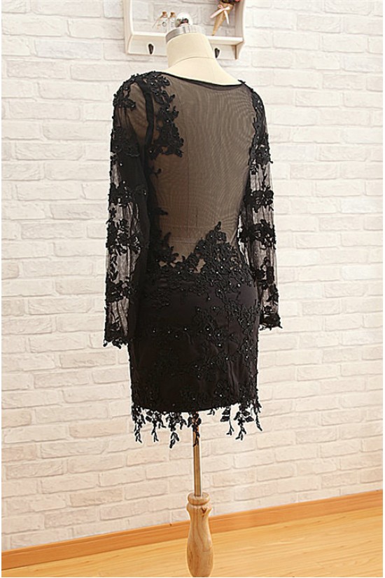 Short V-Neck Long Sleeve Black Applique Prom Evening Formal Dresses ED011575