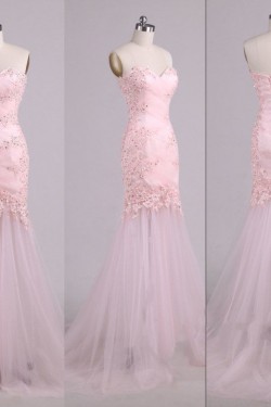 Trumpet/Mermaid Sweetheart Beaded Applique Long Pink Tulle Prom Evening Formal Dresses ED011578