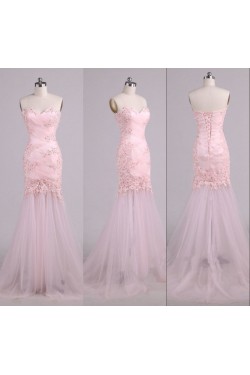 Trumpet/Mermaid Sweetheart Beaded Applique Long Pink Tulle Prom Evening Formal Dresses ED011578