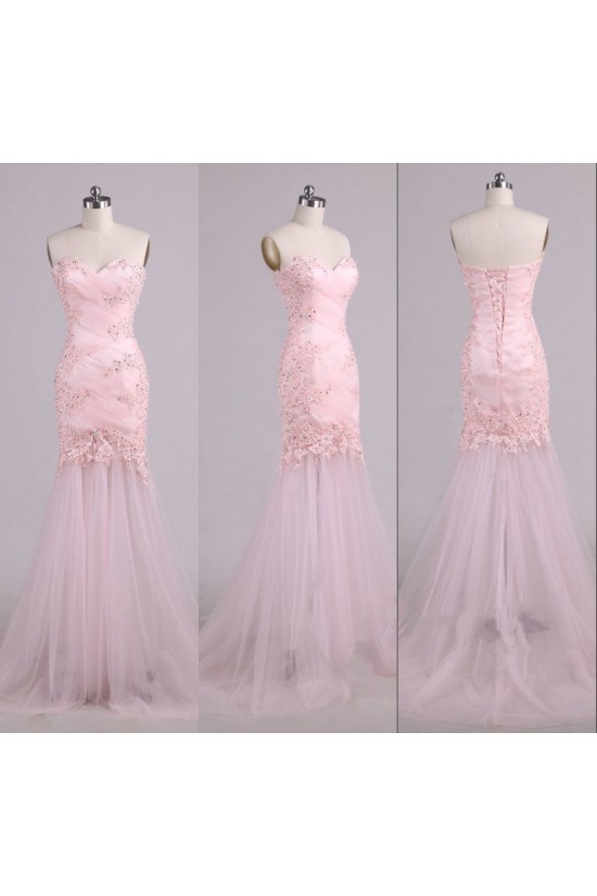Trumpet/Mermaid Sweetheart Beaded Applique Long Pink Tulle Prom Evening Formal Dresses ED011578