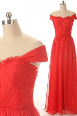 A-Line Off-the-Shoulder Long Red Chiffon Prom Evening Formal Dresses ED011579
