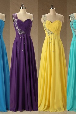 A-Line Beaded One-Shoulder Long Chiffon Prom Evening Formal Dresses ED011580