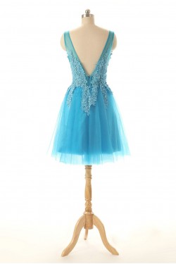 A-Line V-Neck Lace and Tulle Short Prom Evening Formal Dresses ED011584