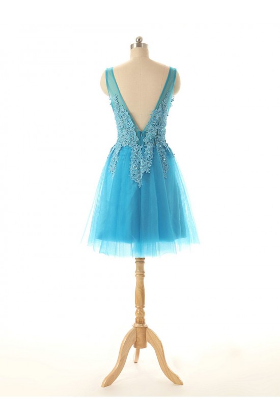 A-Line V-Neck Lace and Tulle Short Prom Evening Formal Dresses ED011584