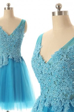 A-Line V-Neck Lace and Tulle Short Prom Evening Formal Dresses ED011584