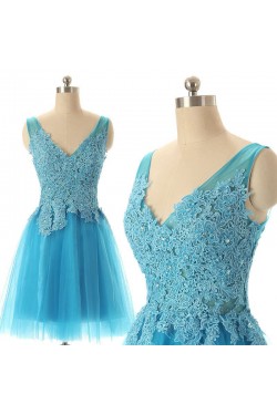 A-Line V-Neck Lace and Tulle Short Prom Evening Formal Dresses ED011584