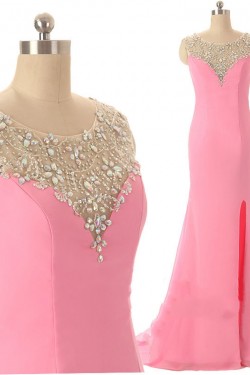Beaded Long Pink Split-Front Prom Evening Formal Dresses ED011589