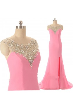 Beaded Long Pink Split-Front Prom Evening Formal Dresses ED011589