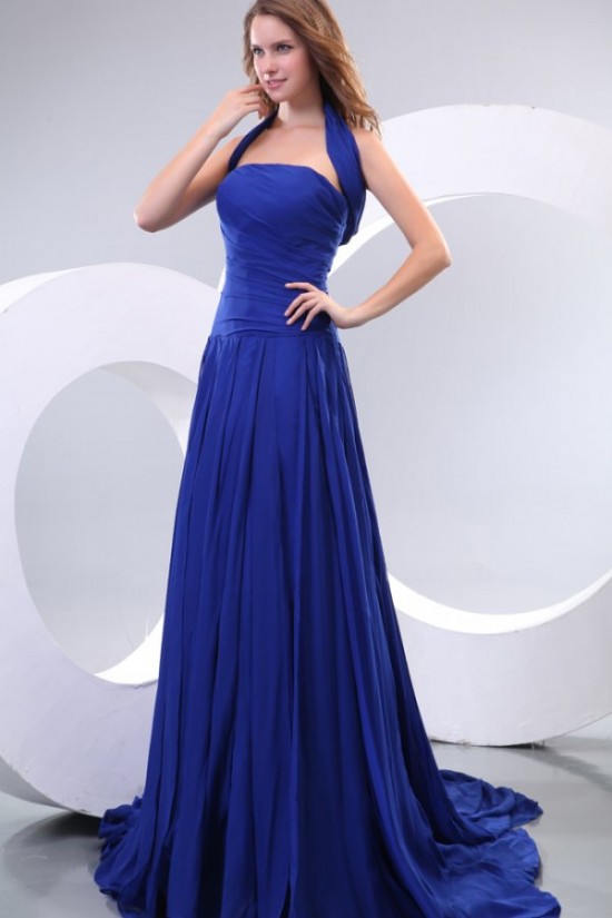 A-Line Halter Long Blue Chiffon Prom Evening Formal Party Dresses ED010159