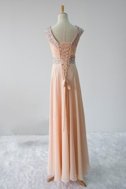 Elegant A-Line Beaded Straps Sleeveless Long Chiffon Prom Evening Formal Dresses ED011595