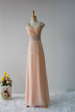 Elegant A-Line Beaded Straps Sleeveless Long Chiffon Prom Evening Formal Dresses ED011595