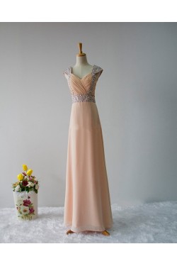 Elegant A-Line Beaded Straps Sleeveless Long Chiffon Prom Evening Formal Dresses ED011595
