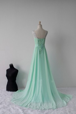 A-Line Beaded Mint Green Long Chiffon Prom Evening Formal Dresses ED011596