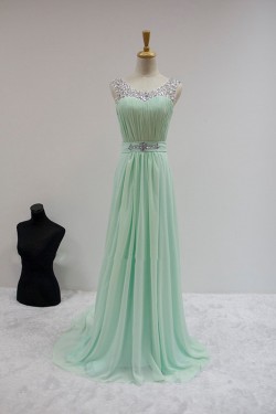 A-Line Beaded Mint Green Long Chiffon Prom Evening Formal Dresses ED011596