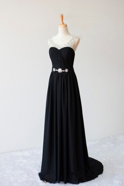 A-Line Beaded Black Long Chiffon Prom Evening Formal Dresses ED011597