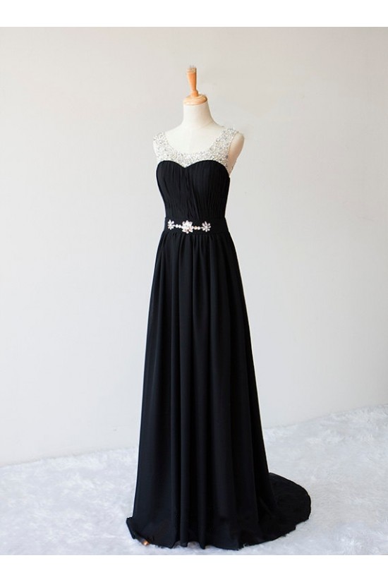 A-Line Beaded Black Long Chiffon Prom Evening Formal Dresses ED011597