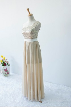 A-Line One-Shoulder Long Sequin and Chiffon Prom Evening Formal Dresses ED011598