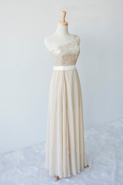 A-Line One-Shoulder Long Sequin and Chiffon Prom Evening Formal Dresses ED011598