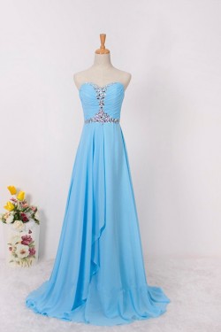 A-Line Sweetheart Beaded Long Blue Chiffon Prom Evening Formal Dresses ED011599