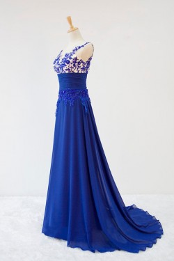 A-Line Long Blue Applique and Chiffon Prom Evening Formal Dresses ED011600