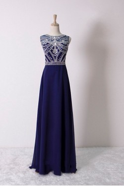 A-Line Beaded Long Blue Chiffon Prom Evening Formal Dresses ED011603