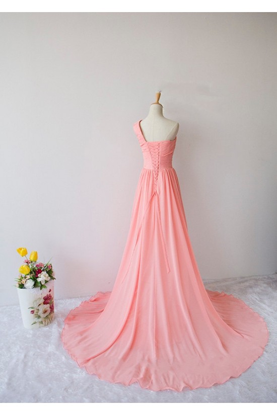A-Line One-Shoulder Beaded Long Chiffon Prom Evening Formal Dresses ED011604