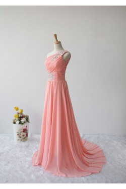A-Line One-Shoulder Beaded Long Chiffon Prom Evening Formal Dresses ED011604