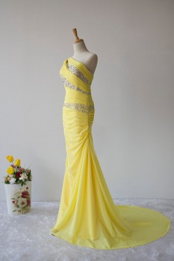 Elegant Beaded One-Shoulder Long Yellow Chiffon Prom Evening Formal Dresses ED011605