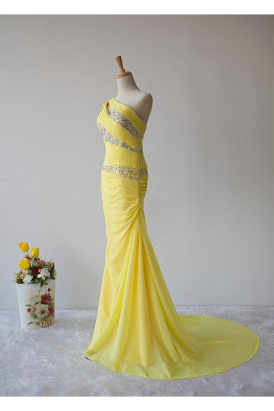 Elegant Beaded One-Shoulder Long Yellow Chiffon Prom Evening Formal Dresses ED011605