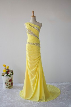 Elegant Beaded One-Shoulder Long Yellow Chiffon Prom Evening Formal Dresses ED011605