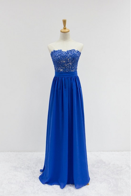 A-Line Strapless Beaded Applique and Chiffon Long Prom Evening Formal Dresses ED011609