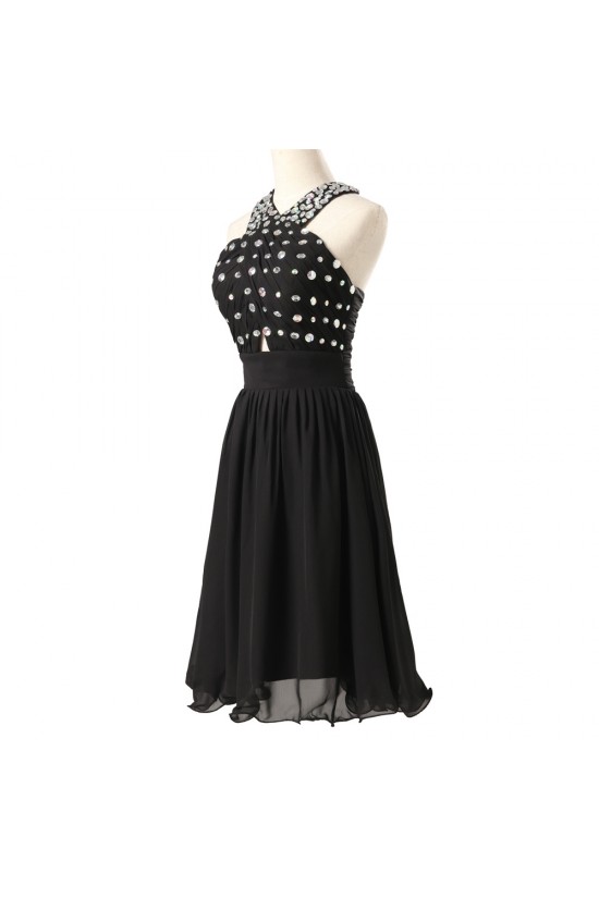 A-Line Beaded Short Black Chiffon Prom Evening Bridesmaid Dresses ED011618