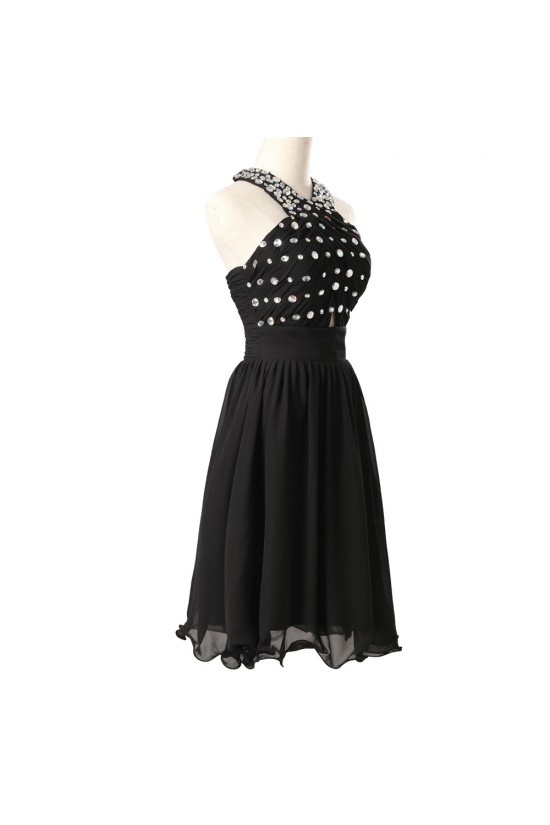 A-Line Beaded Short Black Chiffon Prom Evening Bridesmaid Dresses ED011618