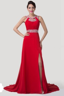 Sheath/Column Beaded Long Red Chiffon Prom Evening Formal Dresses ED011643