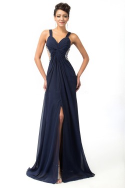 Sheath/Column Beaded Split-Front Long Chiffon Prom Evening Formal Dresses ED011650