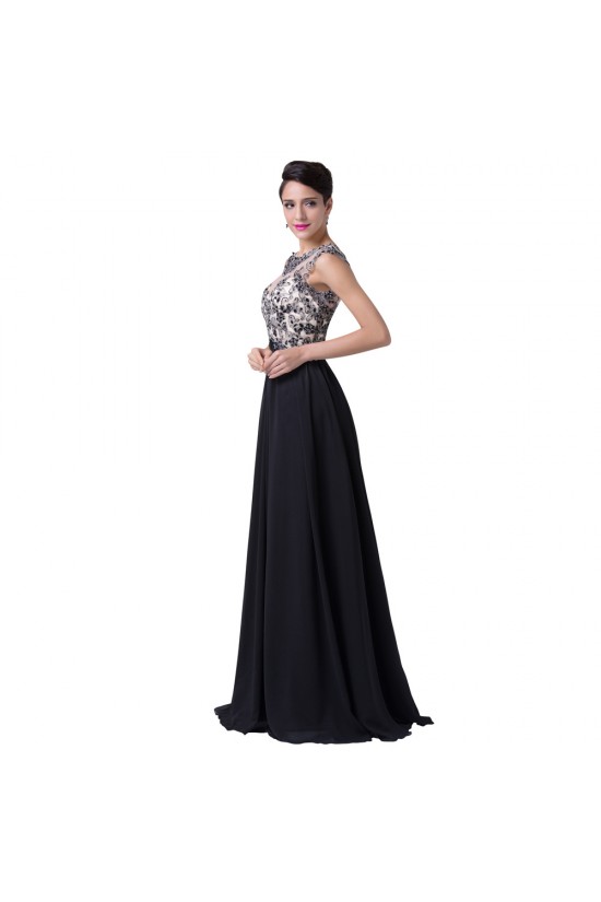 A-Line Beaded Long Black Chiffon Prom Evening Formal Dresses ED011651