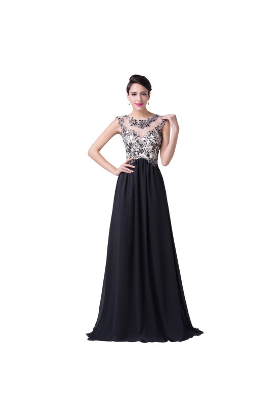 A-Line Beaded Long Black Chiffon Prom Evening Formal Dresses ED011651