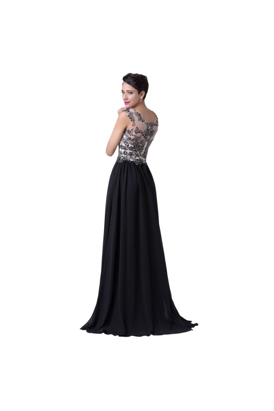 A-Line Beaded Long Black Chiffon Prom Evening Formal Dresses ED011651