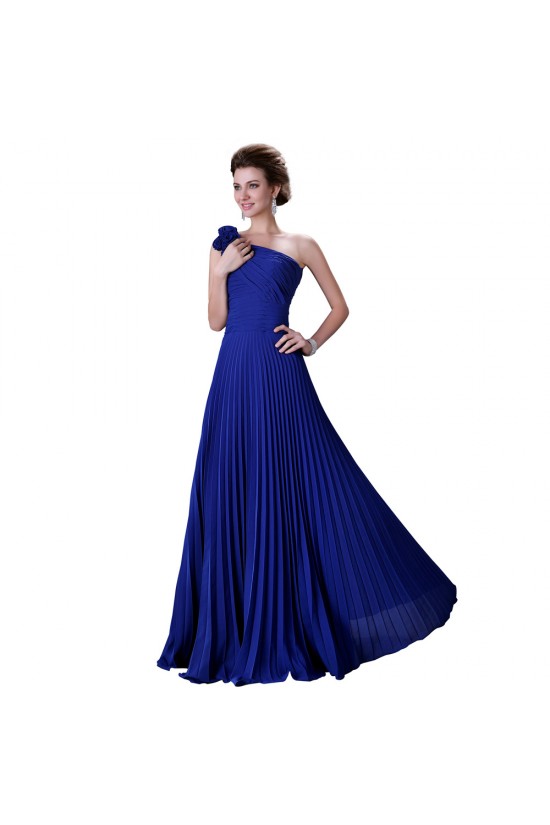 A-Line One-Shoulder Pleated Long Blue Chiffon Prom Evening Bridesmaid Dresses ED011656