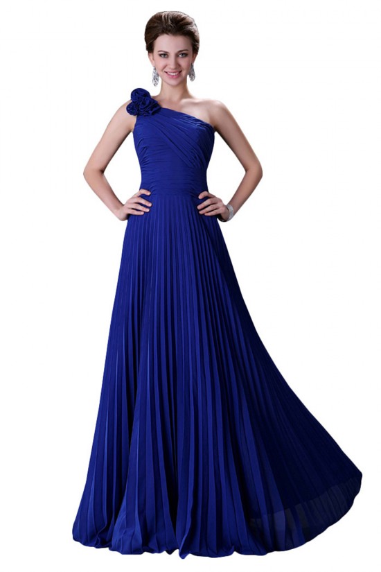 A-Line One-Shoulder Pleated Long Blue Chiffon Prom Evening Bridesmaid Dresses ED011656