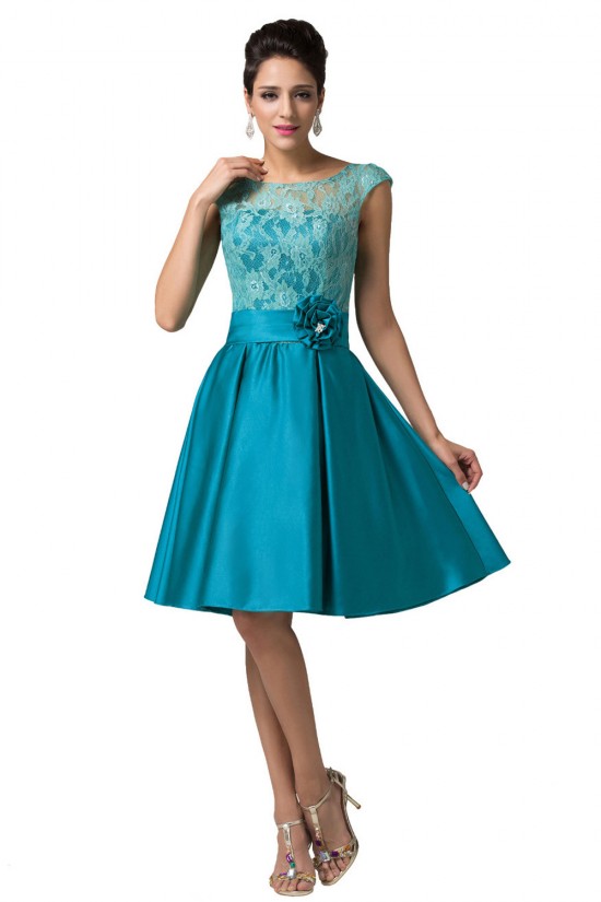 A-Line Bateau Lace and Satin Short Prom Evening Formal Bridesmaid Dresses ED011657