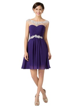 A-Line Bateau Beaded Short Purple Chiffon Prom Evening Cocktail Dresses ED011659